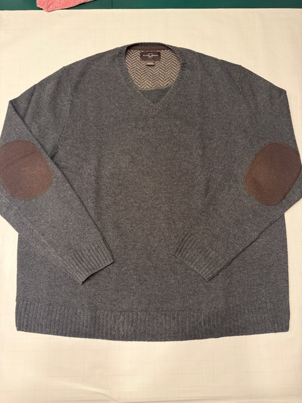 Black Brown 1826 Men's Charcoal V-Neck Lambs Wool Sweater -Brown Elbow Patches.